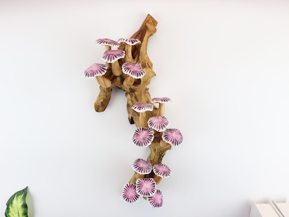 15-inch Chanterelle Mushroom Wall Art, Hand-Carved Driftwood Sculpture, Purple Wooden Nature Decor, Rustic Wall Hanging,Christmas Gift MH001