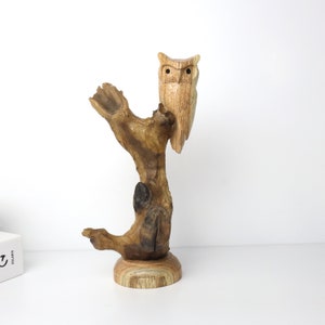 Wooden Owl on Tree, Table Deco, Hand Carved Bird Statue, Office Deco, Unique Ornament, Tropical, Gift for Her, Valentine Art , Handmade Gift