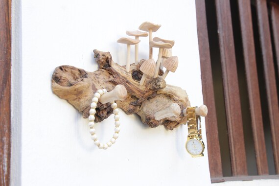 Mushroom Driftwood Wall Hanger, Unique Key Holder Coat Rack