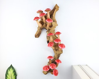15" Red Mushroom Wall Art, Whimsical Wood Carving, Cottagecore Toadstool Decor, Large Forest Wall Hanging, Unique Fungi Gift MH002