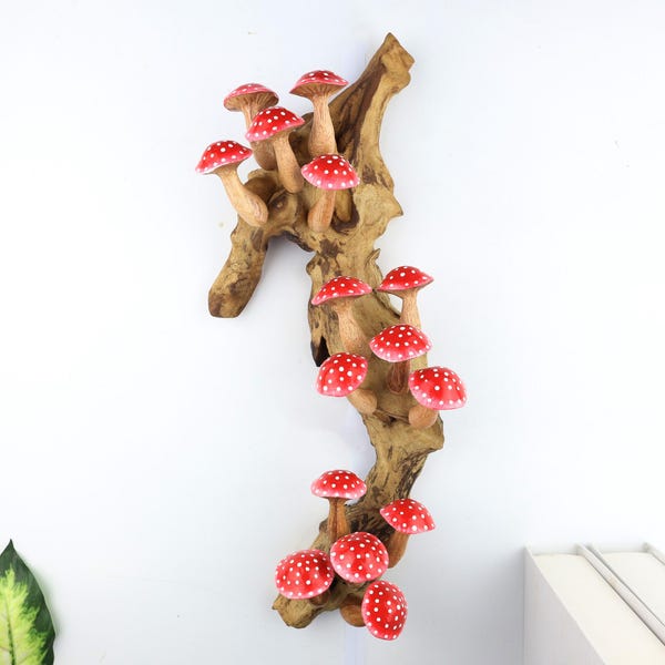 15" Red Mushroom Wall Art, Whimsical Wood Carving, Cottagecore Toadstool Decor, Large Forest Wall Hanging, Unique Fungi Gift MH002