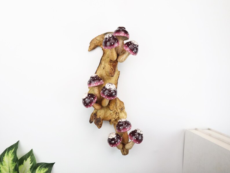 Pu&ograve; includere: Una scultura decorativa in legno con diversi elementi a forma di fungo. I funghi hanno cappelli rosa scuro con pois bianchi e sono attaccati a un ramo di legno color naturale. La scultura &egrave; montata su una parete bianca.