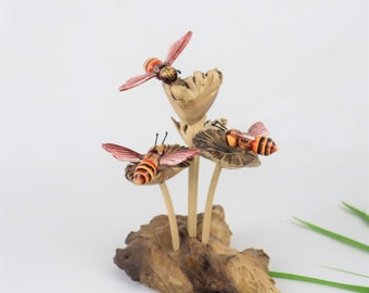 Red Bee Sculpture, Painted Statue, Table Deco, Home Deco, Wood Carving, Art, Animal, Insect, Bee Art, Gift For Her, Birthday, Mother Gifts
