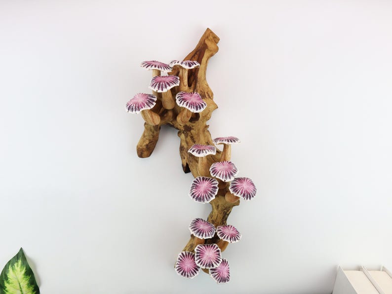 May include: A decorative wooden sculpture featuring a natural, textured branch adorned with several ceramic mushrooms. The mushrooms have white stems and caps with a pink and purple radial pattern. The sculpture is mounted on a white wall.