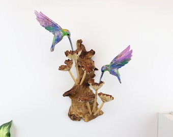 Couple Hummingbird Wall Art Feeding on Flower, Whitewash Hummingbird Sculpture, Hand-Painted, Wall Deco, Wooden Colibri, Valentine Home Deco