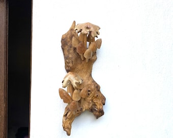 Arte mural de madera con forma de hongo, colgante de pared con forma de hongo, decoración del hogar y del hogar, escultura artesanal, decoración hecha a mano, regalo artesanal para San Valentín.
