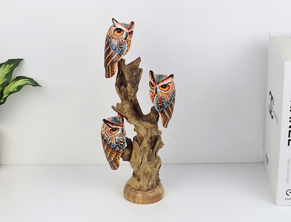 Beautiful Handcrafted Wooden Owl on Natural Root | Hand-Painted Art Piece for Home Decor and Gifts | Thanksgiving Sculpture | Valentine Gift