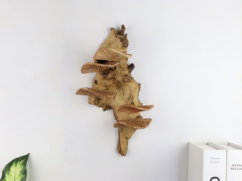 K&ouml;nnte beinhalten: Eine Wandskulptur aus Holz mit einer nat&uuml;rlichen braunen Oberfl&auml;che. Die Skulptur zeigt mehrere Schichten aus Keramikpilzen in Braun- und Beiget&ouml;nen.