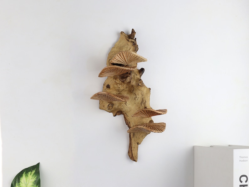 K&ouml;nnte beinhalten: Eine Wandskulptur aus Holz mit einer nat&uuml;rlichen braunen Oberfl&auml;che. Die Skulptur verf&uuml;gt &uuml;ber mehrere Schichten aus geschnitzten Pilzformen, die ein einzigartiges und organisches Design schaffen.