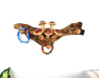 Painted Mushroom Wall Hook Rack | Natural Wood Peg Holder | Rustic Cottagecore Wall Decor | Handcrafted Driftwood Mushroom Art