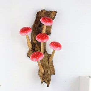 Red Hanging Mushroom Deco, Mushroom Wall Art, Wooden Carving, Nature-inspired Gift, Rustic Wood Mushroom, Gift For Her, Valentine day Gift