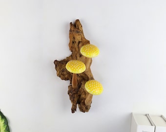 May include: A piece of driftwood with three yellow mushrooms with white polka dots attached to it. The mushrooms are arranged in a triangular shape.