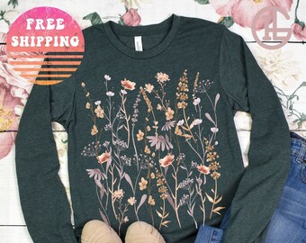 Wildflower Long Sleeve Shirt Botanical Shirt Retro Flower Shirt Floral Shirt Bella Canvas Flower Gift Wildflower Shirt Cute Floral Gift