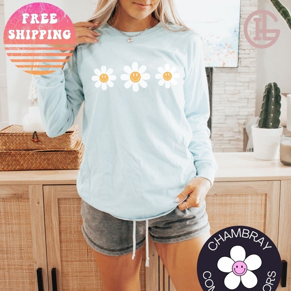 Daisy Comfort Colors Long Sleeve Shirt Retro Smiley Shirt Hippie Shirt Cute Long Sleeve Summer Top Sleep Shirt Smiley Face Shirt Daisy Gift