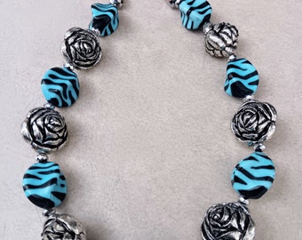 Light Blue Zebra Print and Silver Rose Choker