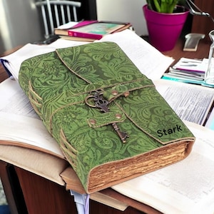 Green garden Flower Vintage Leather Journal for Personalized Notebook Antique Handmade Recycled deckle paper