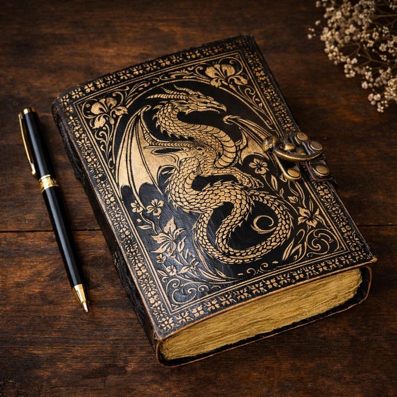 Dragon Embossed Leather Journal, Handmade Vintage Leather Notebook, 8x6 Inch Diary with Antique Paper, Gothic Dragon Design Journal, Gift for Writers and Travelers