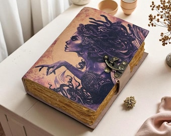 Handmade Leather Journal Medusa Dark Fantasy Art, Vintage Lock, A5 DND Notebook