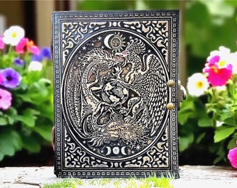 Dragon and Phoenix Leather Journal, DND Spell Book, Handmade Vintage Leather Notebook with Recycled Pages, Witchcraft Diary, Book of Shadows