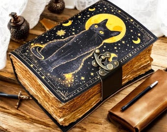 Handmade Leather Grimoire: Black Cat, Moon Phase, Vintage Spell Book