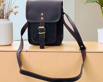 Bolso bandolera vintage de cuero hecho a mano para hombre y mujer: pequeño bolso bandolera tipo cartera.