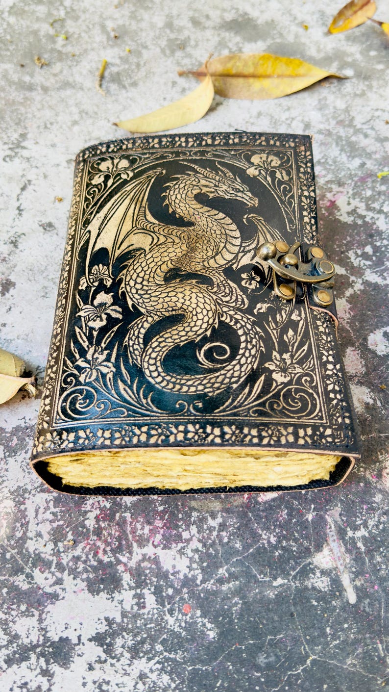 Vintage dragon leather diary with clasp closure handmade journal thick paper travel notebook fantasy gift idea