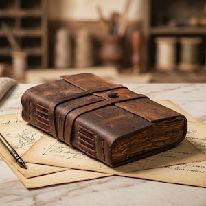 May include: A dark brown leather journal with a wrap-around strap closure and visible hand-stitched binding. The journal rests on aged parchment paper alongside a metallic fountain pen and two small green stones, showcasing a textured, weathered finish.