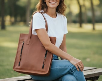 Classic Leather Tote Bag, Personalized Shoulder, Laptop Work Student