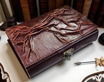 Handmade Tree of Life Leather Journal with Lock: Rustic Embossed Diary