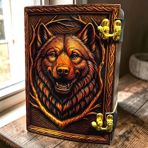 Könnte beinhalten: Ein rechteckiges Notizbuch aus Leder mit einem tief geprägten, detaillierten Porträt eines Wolfskopfes, der von Zweigen umgeben ist. Der Einband hat ein dunkelbraunes Finish mit goldenen Akzenten und wird durch zwei goldfarbene Metallverschlüsse gehalten.