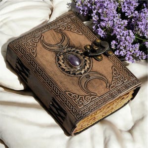 Handmade Leather Journal: Triple Moon Stone Design, Brass Clasp, 200 Vintage Pages