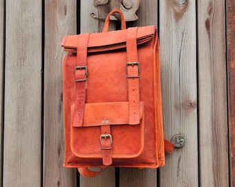 Handmade Full-Grain Leather Roll Top Backpack | Men’s Vintage Laptop Rucksack 16” | Travel Bag | Gift for Him