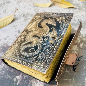 Fantasy dragon journal leather bound notebook with lock closure vintage style handmade gift for writers artists