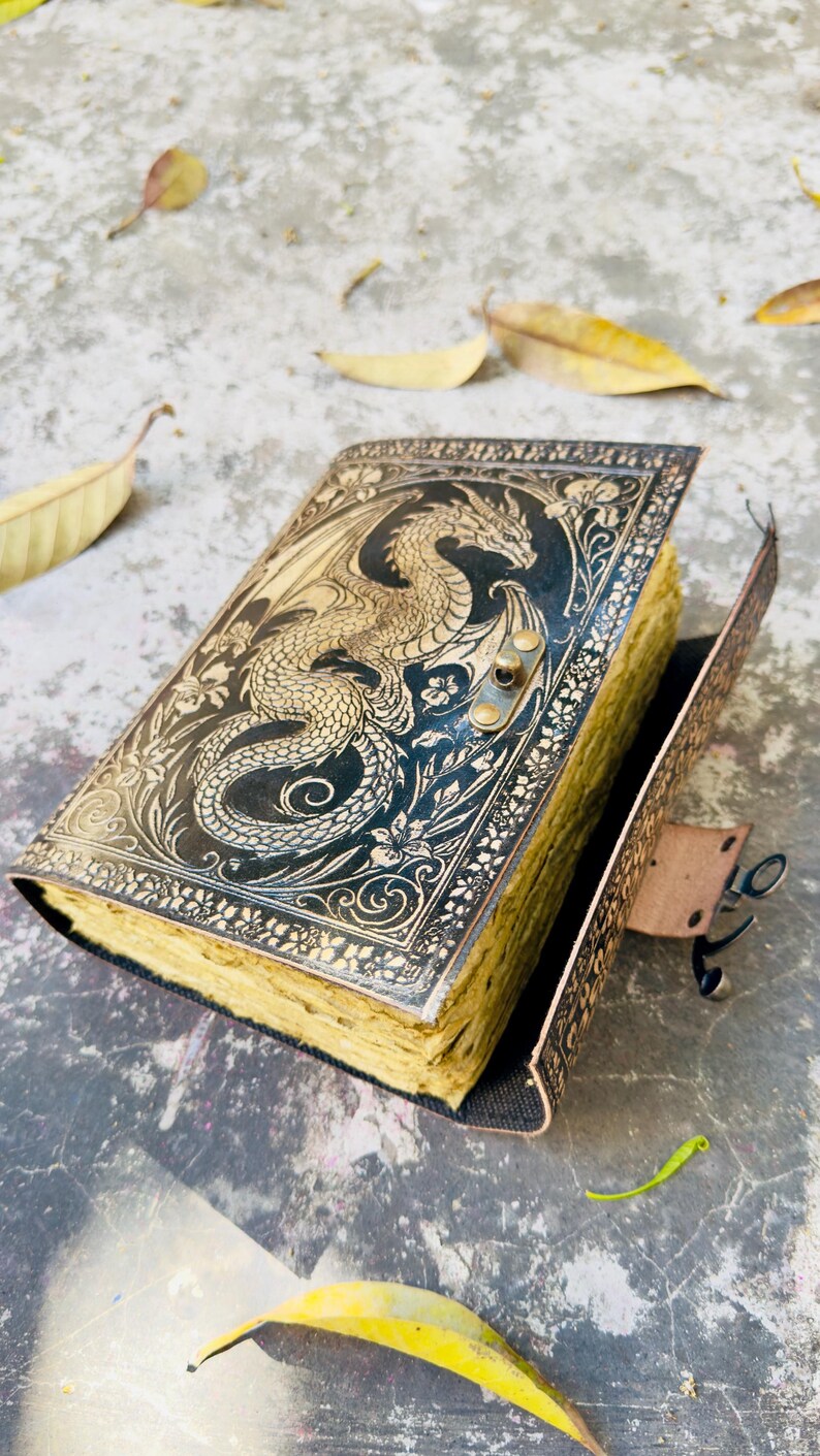Fantasy dragon journal leather bound notebook with lock closure vintage style handmade gift for writers artists