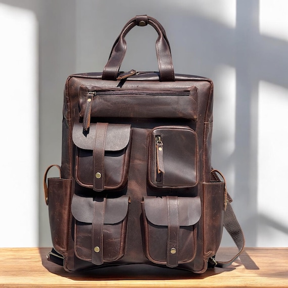 buffalo leather backpack for men Multi Pockets Daypack Travel Laptop Bag Women : Electronics Embark on your journeys with a touch of rugged elegance The Journeyman: A Blend of