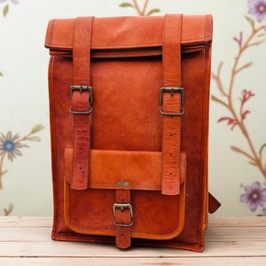 Handmade Full-Grain Leather Roll Top Backpack: 16&quot; Laptop Travel Bag