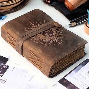 Sonne und Mond Antik Vintage Ledergebundenes Journal Handgemachtes Büttenpapier - Skizzenbuch für Frauen - Buch der Schatten - Reisebuch zum Geschenkieren