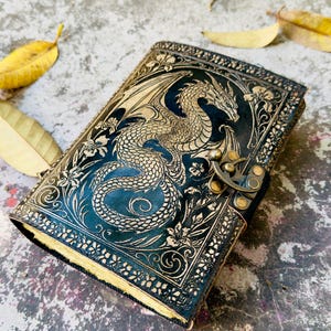 Dragon embossed leather journal handmade 8x6 inch vintage notebook with lock closure fantasy diary gift