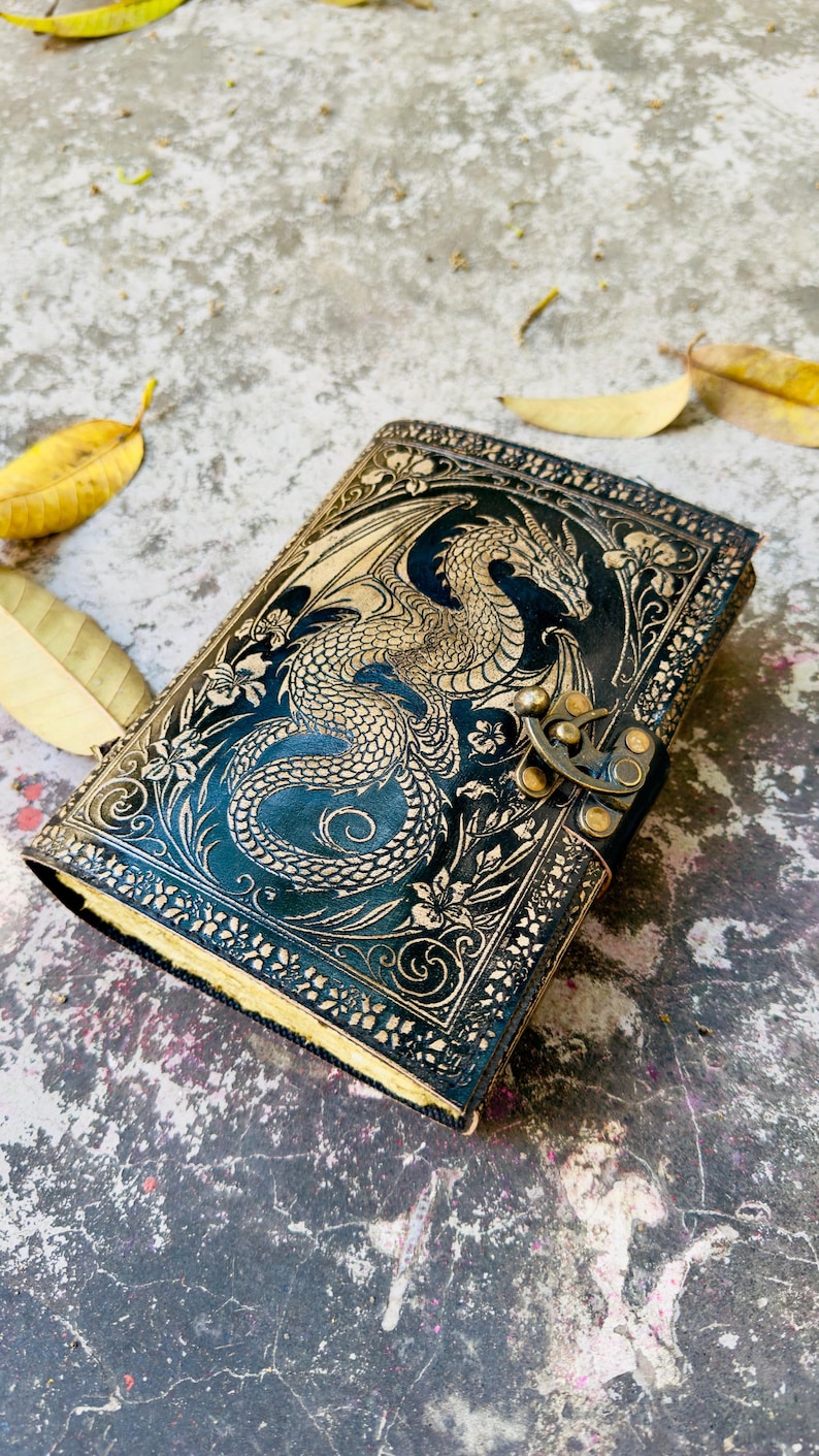 Dragon embossed leather journal handmade 8x6 inch vintage notebook with lock closure fantasy diary gift