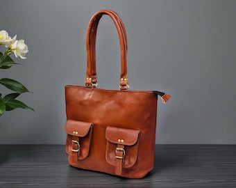 Sac fourre-tout en cuir fait main : sac à bandoulière marron vintage avec poches