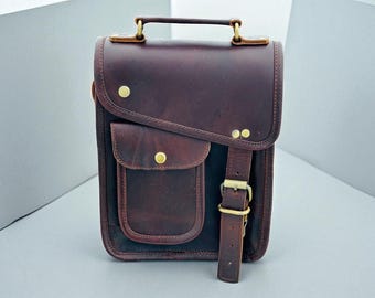 Handmade genuine leather satchel bag, vintage buffalo leather crossbody messenger bag for men and women, rustic shoulder bag