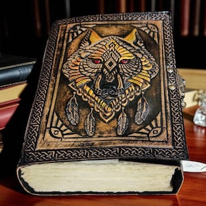 Handmade Wolf Leather Journal: Celtic Embossed Grimoire - Deckle Edge Paper Leather notebook Spell Book