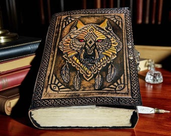Handmade Wolf Leather Journal: Celtic Embossed Grimoire - Deckle Edge Paper Leather notebook Spell Book