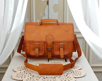 Personalized Leather Messenger Bag: Vintage Handmade Laptop Briefcase