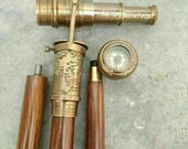 ENGRAVED 1920 DOLLOND LONDON Victorian Telescope Compass Working On Top Spyglass Handle Walking Stick Steampunk Walking Cane Handmade Gift