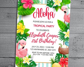 Editable Tropical  Birthday Party Invitation Template for Girls Summer Pool Party, Womens Flamingo Themed Party Invite,  Digital Download