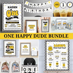 Modelli di bundle per la festa del primo compleanno di One Happy Dude, tema modificabile del volto sorridente del fulmine dei primi ragazzi, download digitale stampabile - OHD1