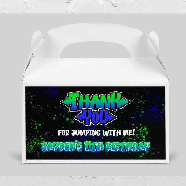 Editable Trampoline Treat Boxes Label, Jump Birthday Party Box Stickers, Boys Party Favor box label, Skate Party, Neon Glow party - MI