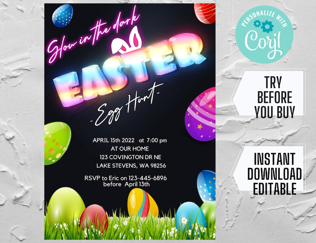 Glow in the Dark Easter Egg Hunt Invitation Editable Etsy