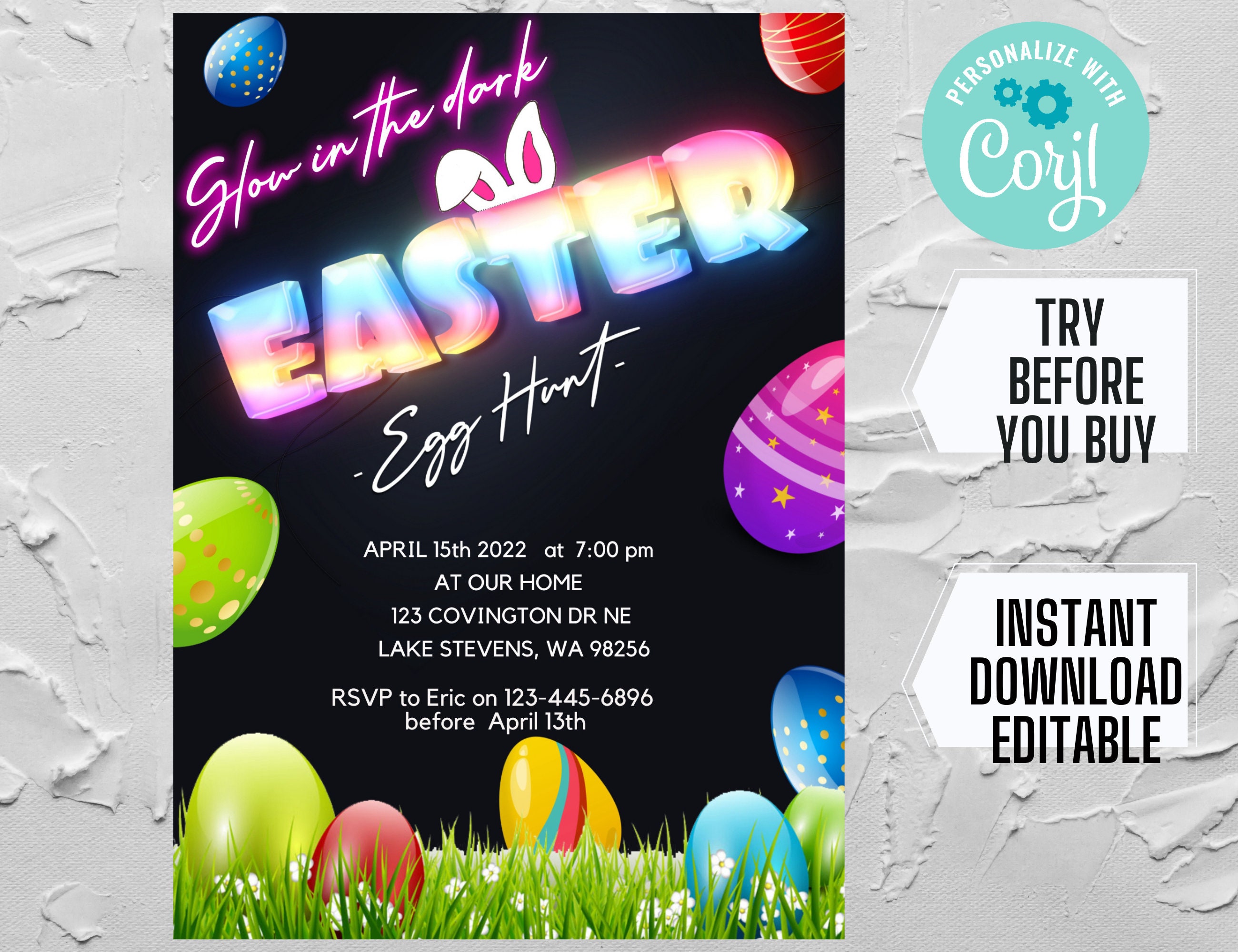 Glow in the Dark Easter Egg Hunt Invitation Editable Template Glow Egg